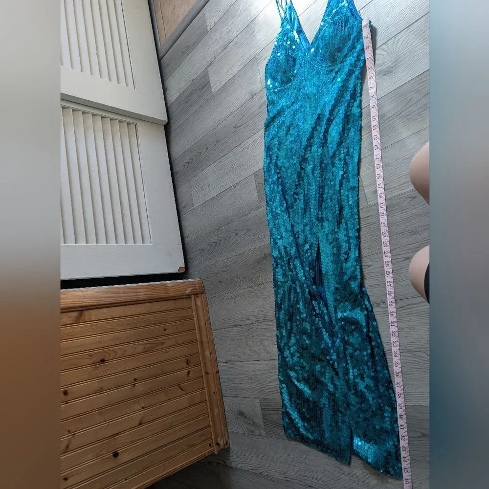 Vintage‎ Adrianna Papell Column Formal Sequin Blue Maxi Dress Gown Size 10 - Picture 7 of 10